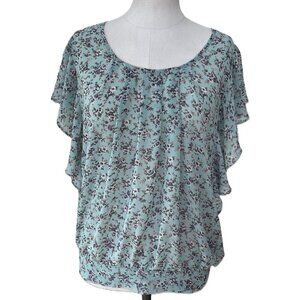 Black Rainn Blue Floral Blouse  Size L  Flutter Sleeves
